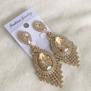 Gold Teardrop clear crystal rhinestone drop statement earrings New